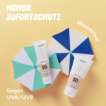 Mineralische Sonnencreme LSF 50 für Baby und Kind gegen UVA und UVB Strahlung Schweiz, im Bärechind in Winterthur erhältlich.