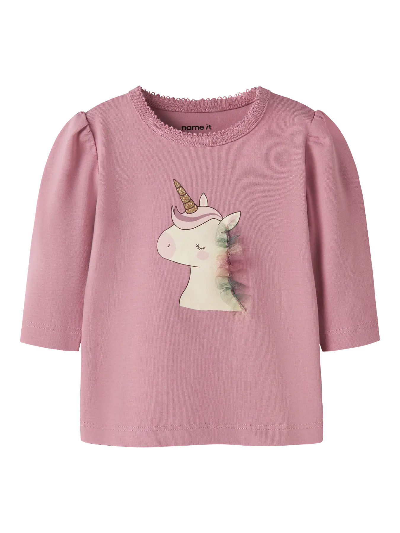 NAME IT Langarmshirt in Altrosa mit Einhornmotiv auf der Vorderseite.