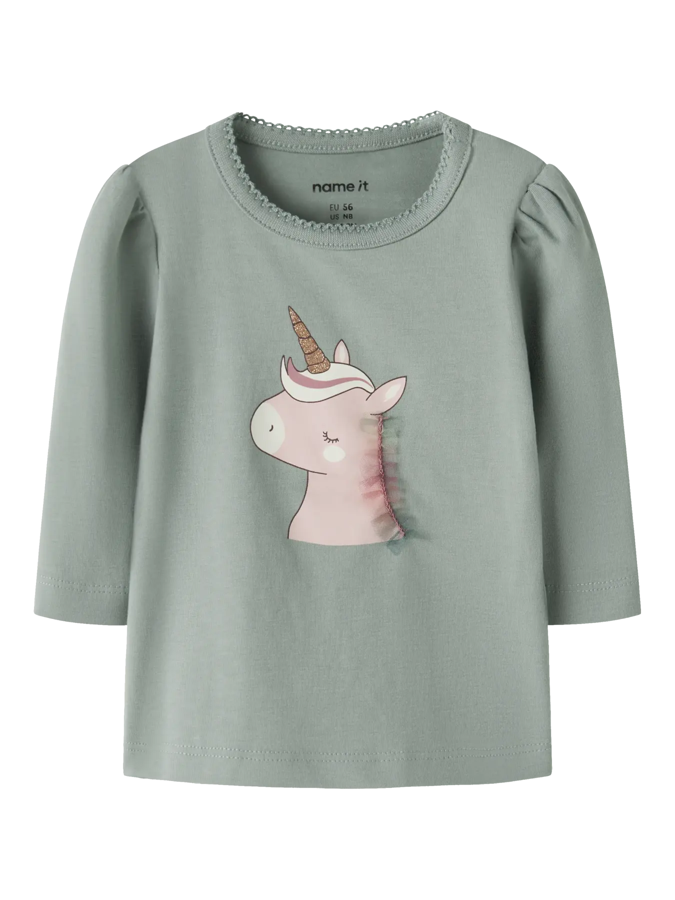 NAME IT Langarmshirt in Salbeigrün mit Einhornmotiv auf der Vorderseite.