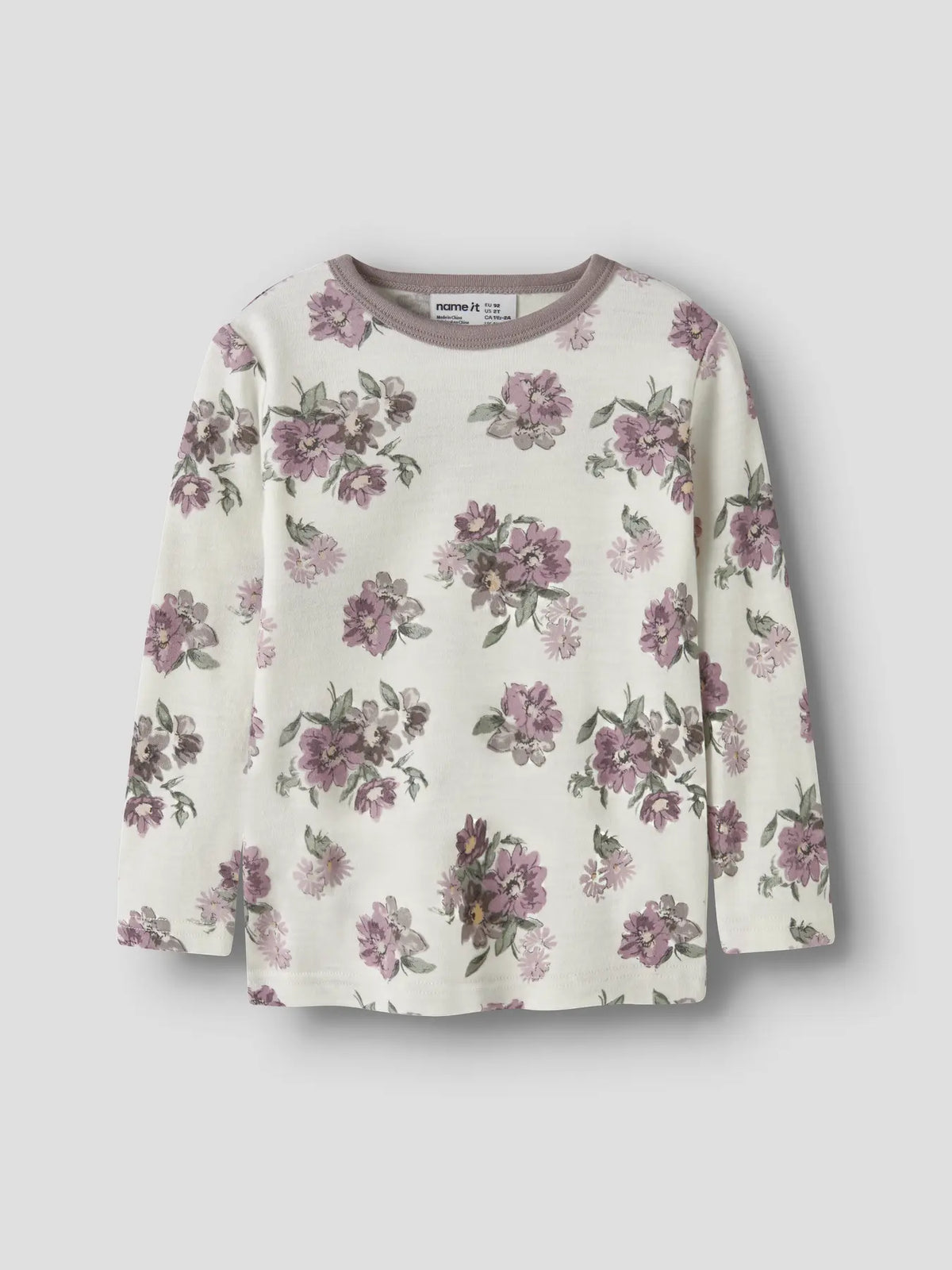 Name It Merino Langarmshirt in Snow White, Vorderansicht mit Blumenprint