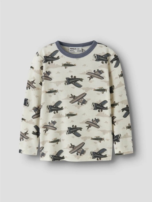 Name It Merino Langarmshirt in Snow White, Vorderansicht mit Flugzeugprint