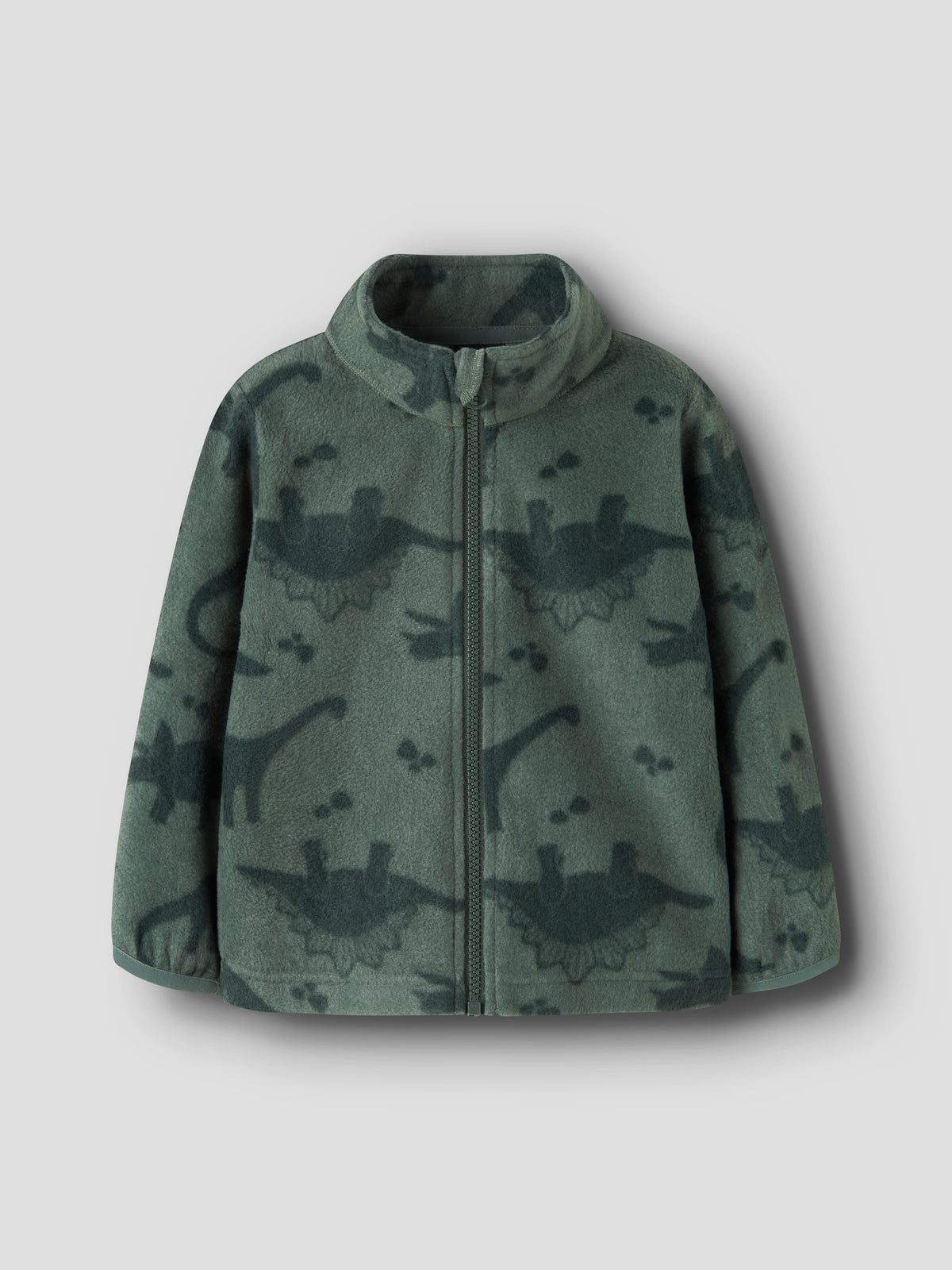 Name It Fleecejacke mit Dinoprint in Waldgrün, Vorderansicht mit hohem Kragen