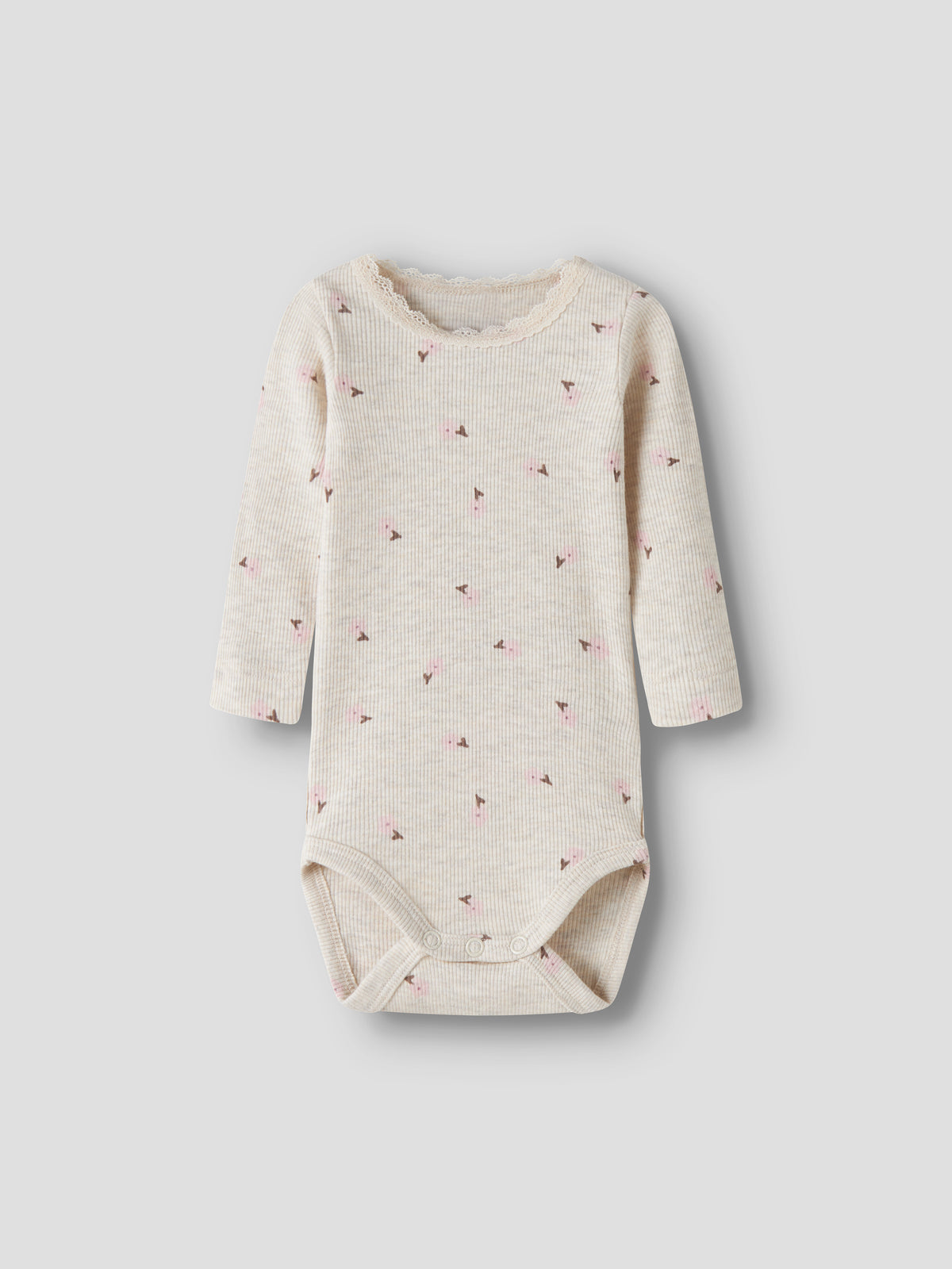 NAME IT Langarm Ripp Body aus Baumwolle und TENCEL™ Lyocell in Creme mit rosa Blumenprint und Spitzenkragen für Babys