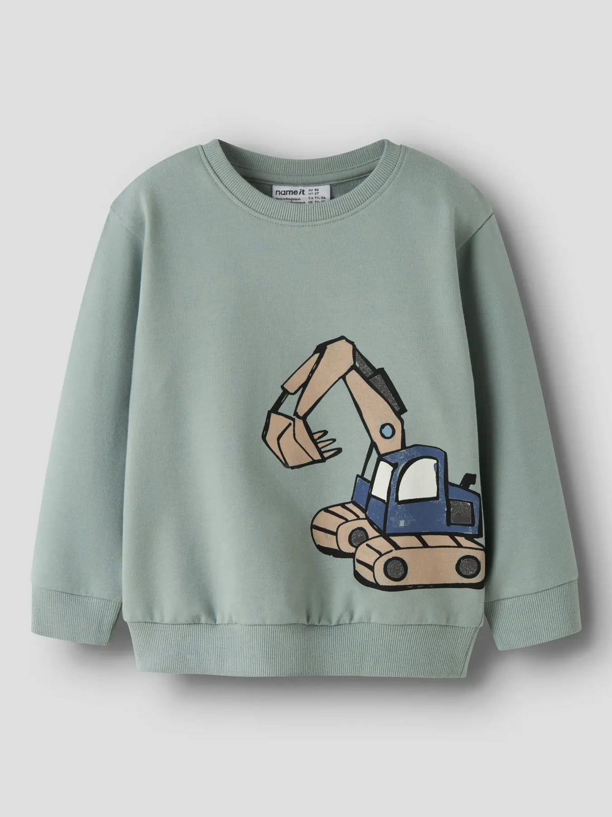 NAME IT Sweatshirt in Desert Sage mit grossem Baggermotiv auf der Vorderseite.