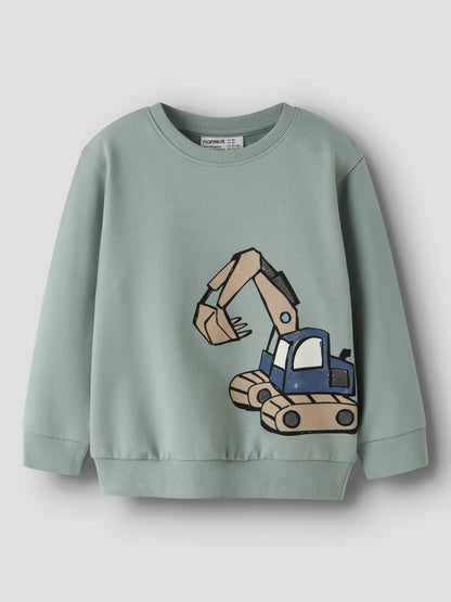 NAME IT Sweatshirt in Desert Sage mit grossem Baggermotiv auf der Vorderseite.