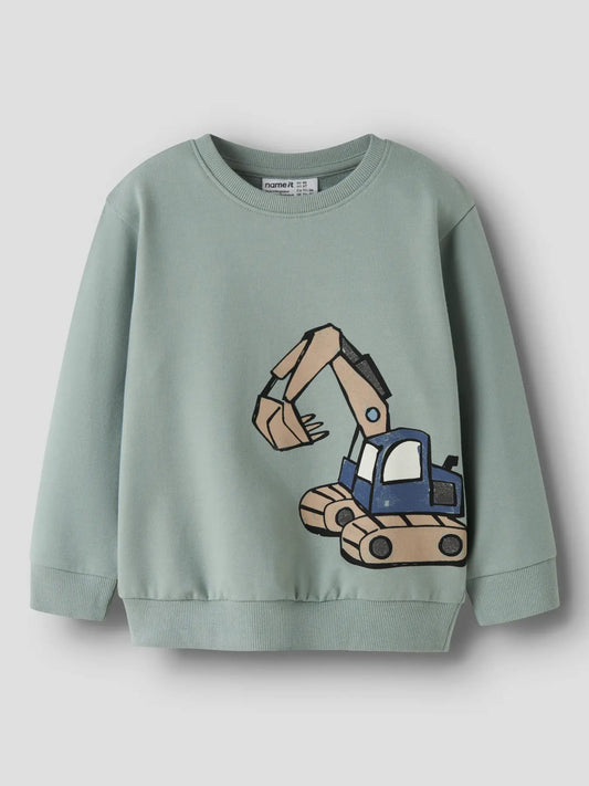 NAME IT Sweatshirt in Desert Sage mit grossem Baggermotiv auf der Vorderseite.