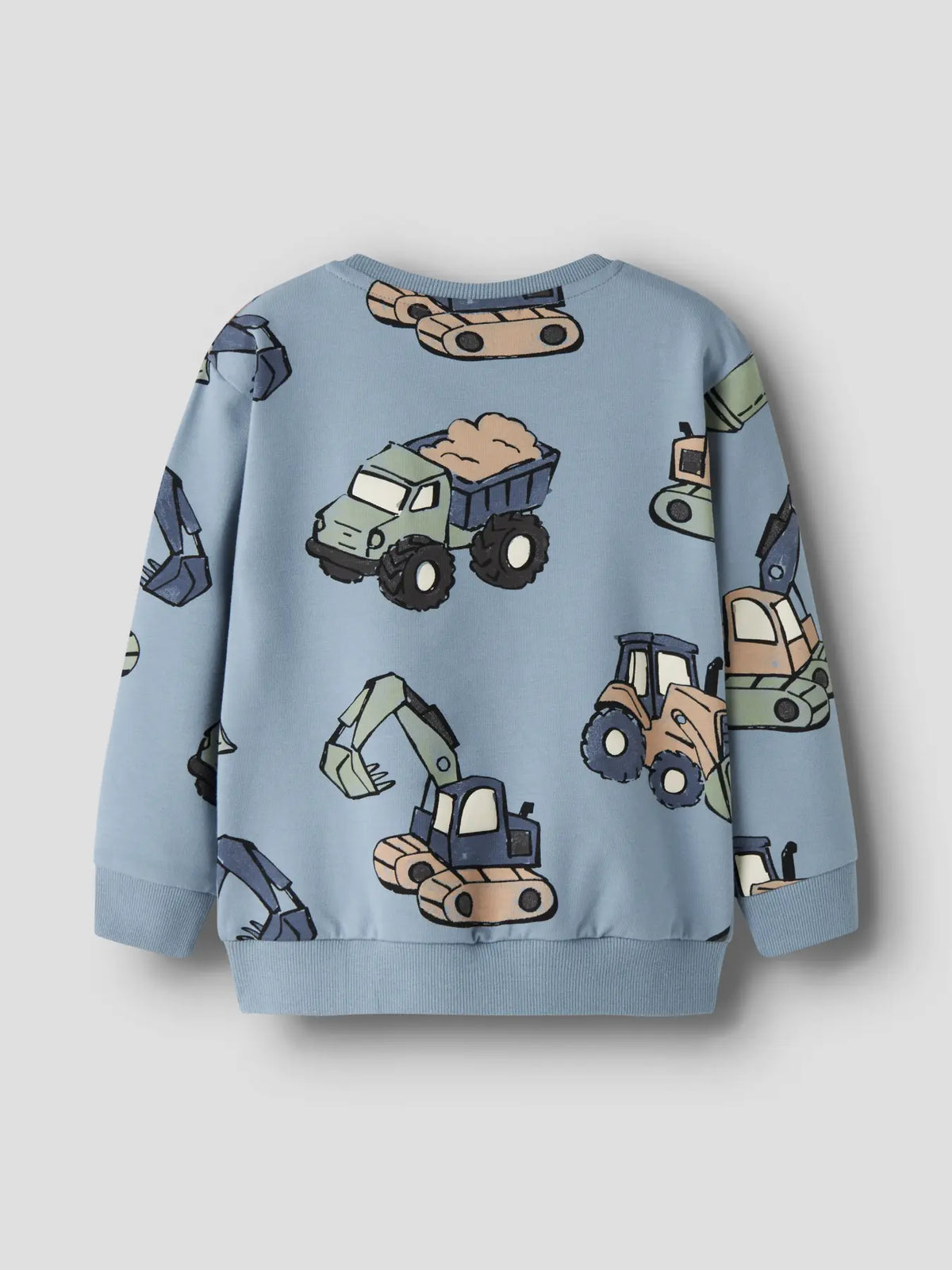 Rückansicht des NAME IT Sweatshirts mit Baggerprint in Blau für Kinder.