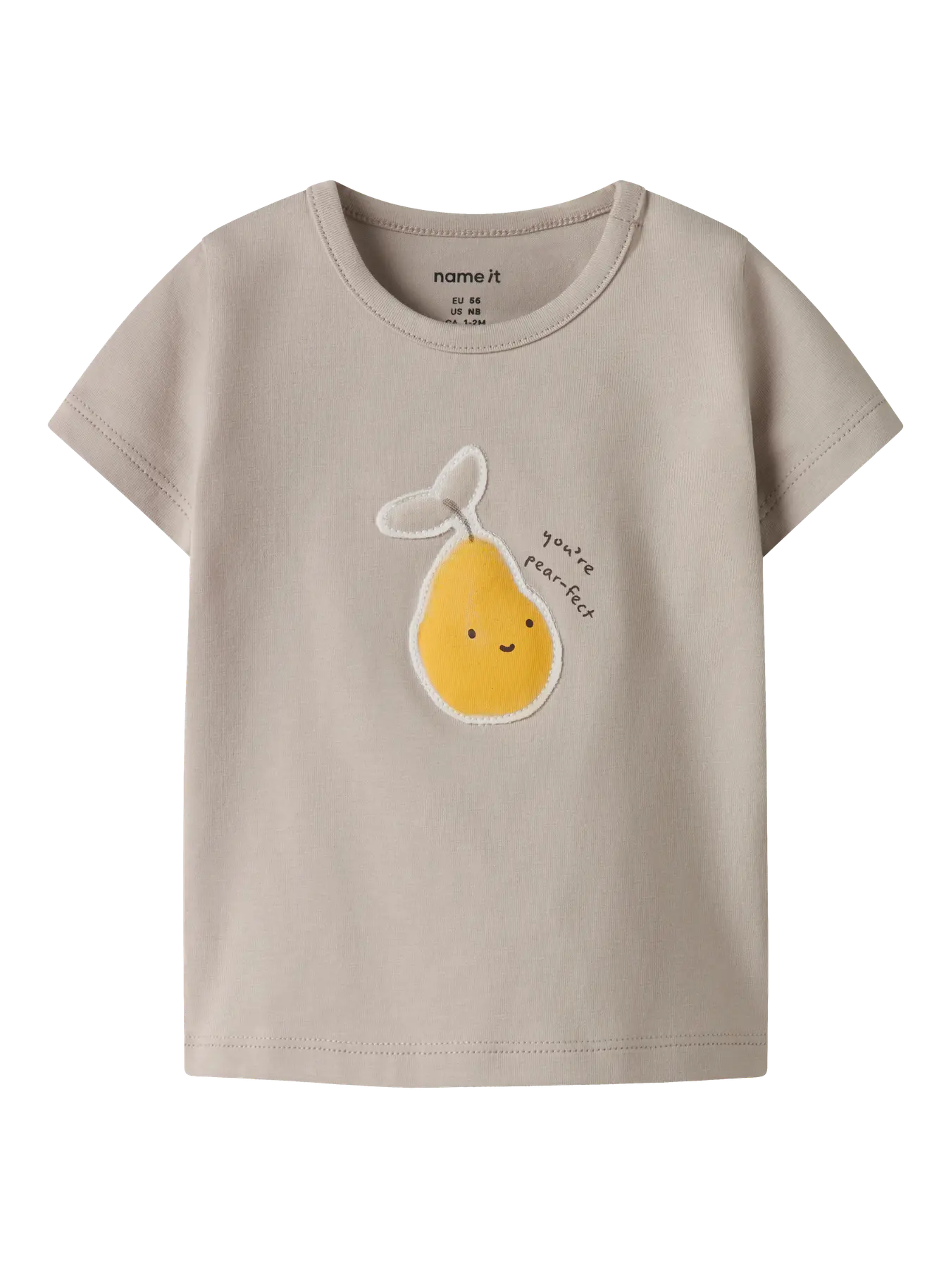 Beiges NAME IT Kinder T-Shirt aus Baumwolle mit Birnenprint, erhältlich im Bärechind Kinderladen Winterthur Zürich Schweiz