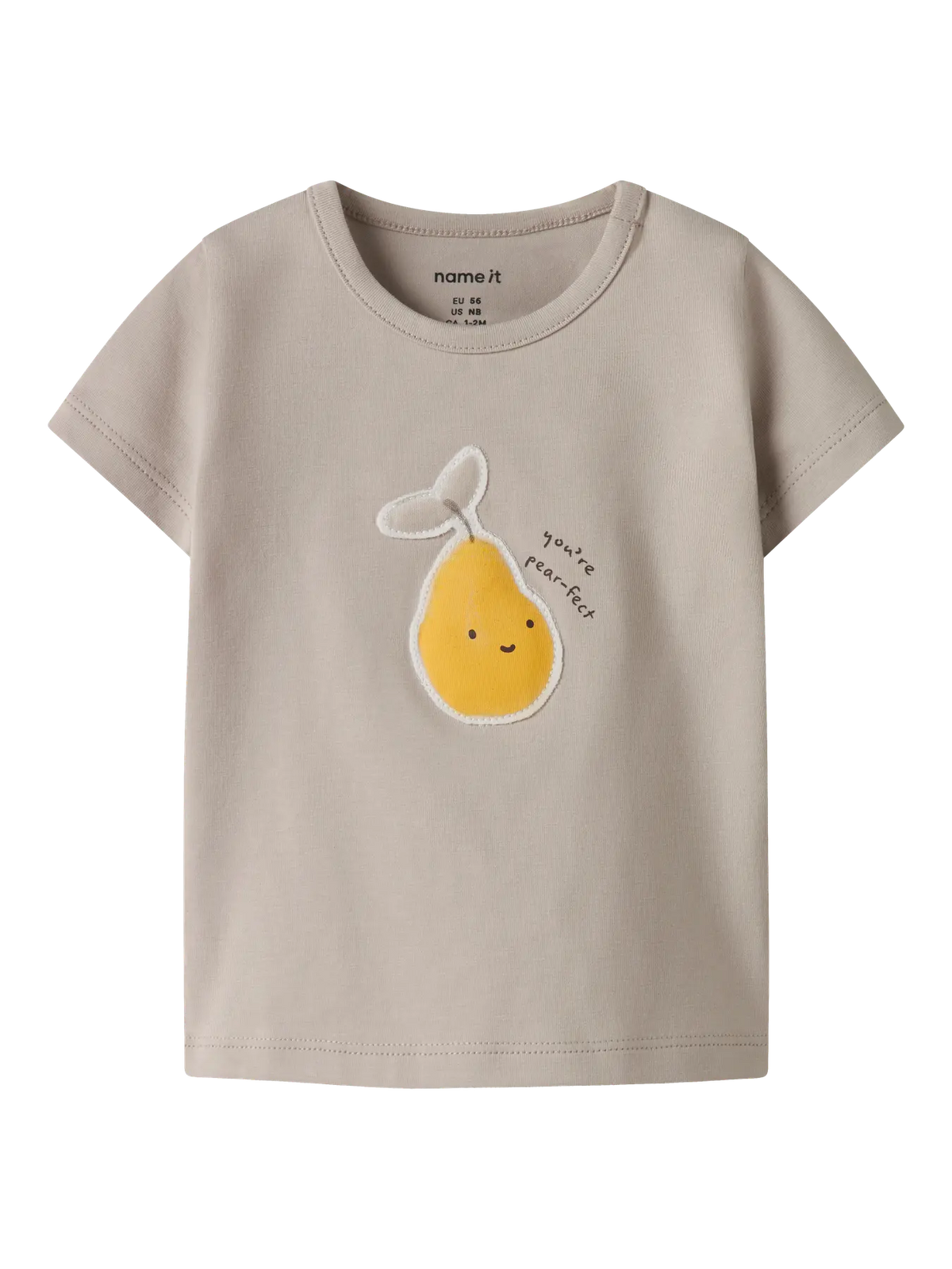 Beiges NAME IT Kinder T-Shirt aus Baumwolle mit Birnenprint, erhältlich im Bärechind Kinderladen Winterthur Zürich Schweiz