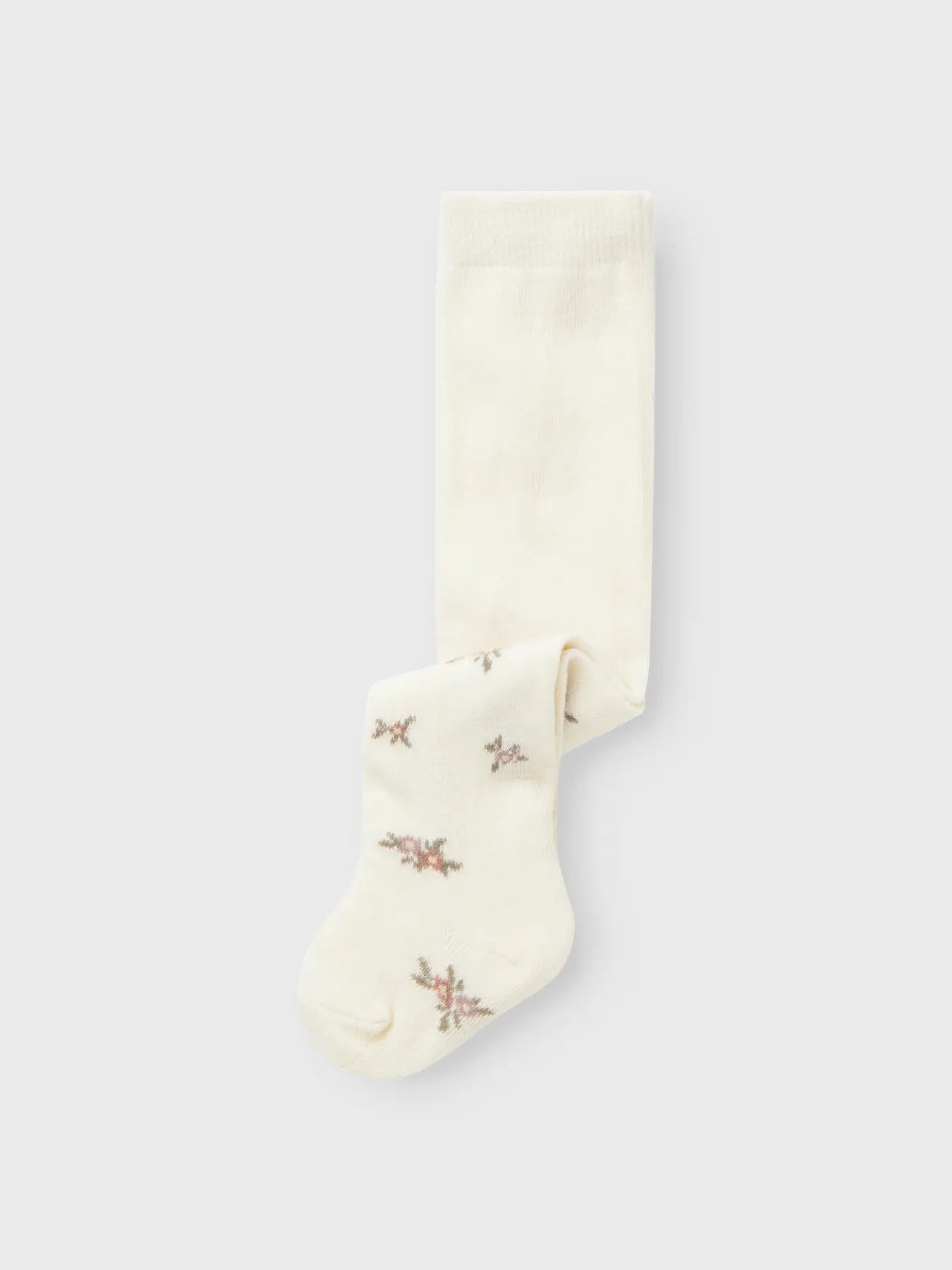 Die Name it Wollstrumpfhose mit Blumenmuster für Babys ist in Winterthur erhältlich. Sie zeigt ein feines florales Design auf naturweisser Wolle.