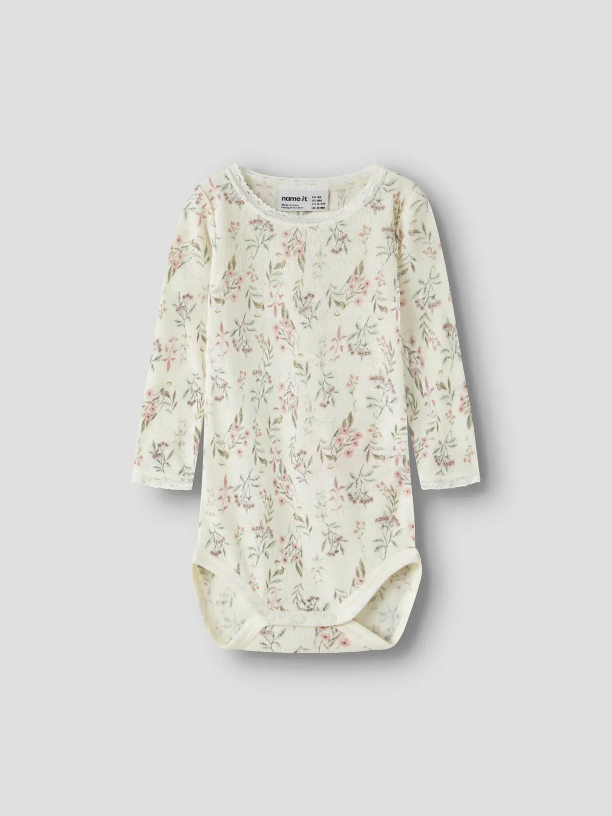 Name it Merino Body mit zartem Blumenmuster in Snow White, Vorderansicht