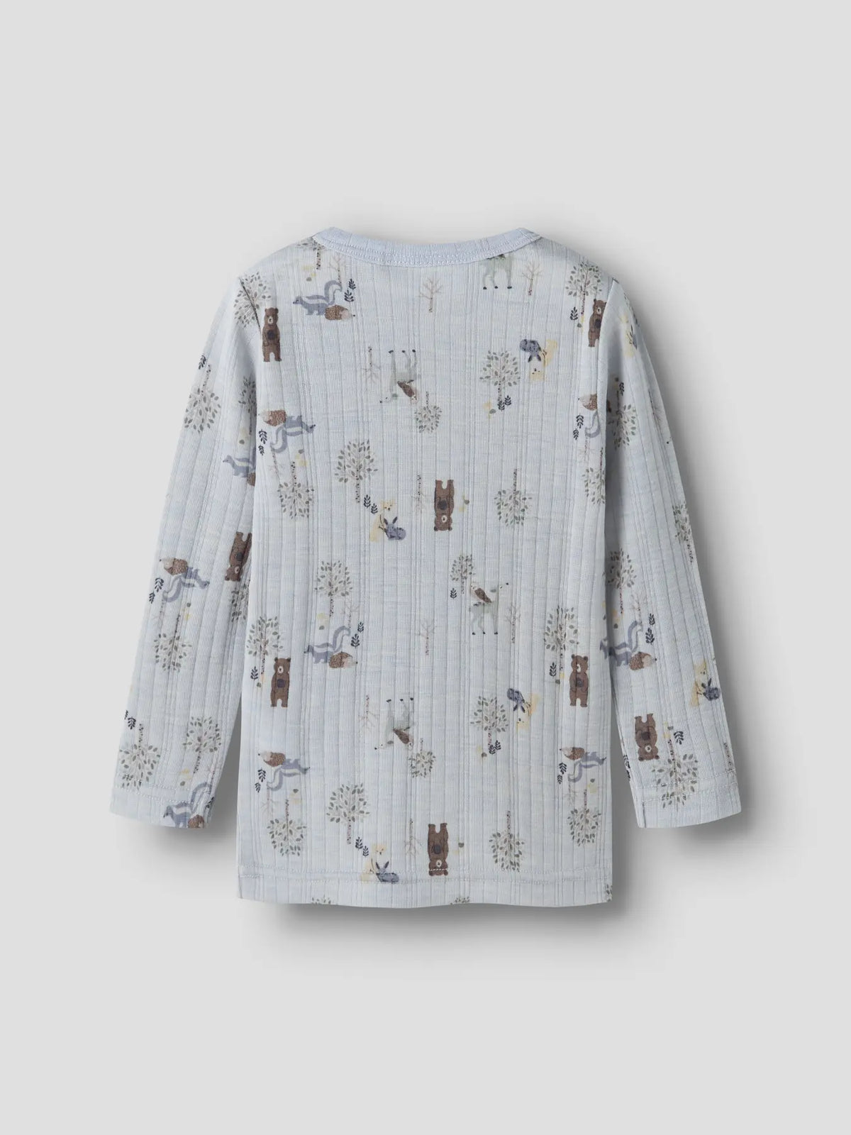 Rückansicht des Langarmshirts aus 100% Merinowolle mit Waldtier-Druck