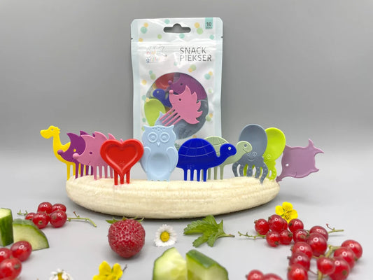 Pieksi und Griffel Snack-Piekser 10er Set Complete Ten in der Verpackung mit frischem Obst und Gemüse