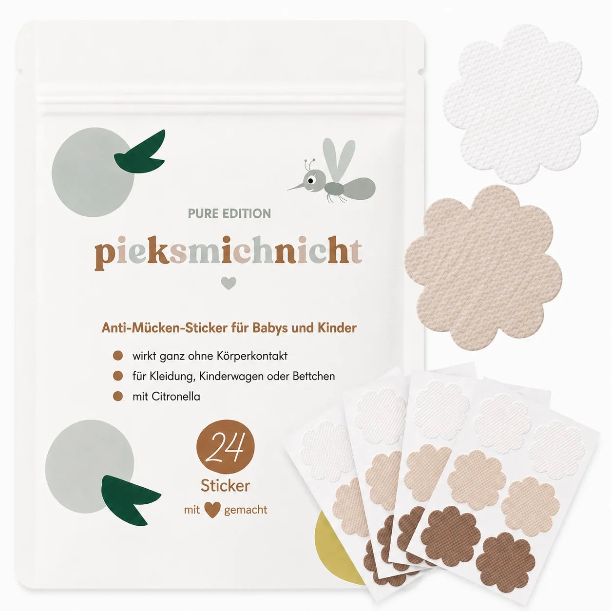 Pieksmichnicht pflanzliche Anti-Mücken Sticker mit Pure Motiv, erhältlich bei Bärechind