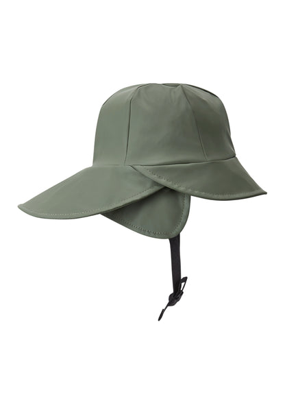 Seitenansicht des Reima Regenhut Rainy Greyish Green mit verstellbarem Bindebändel