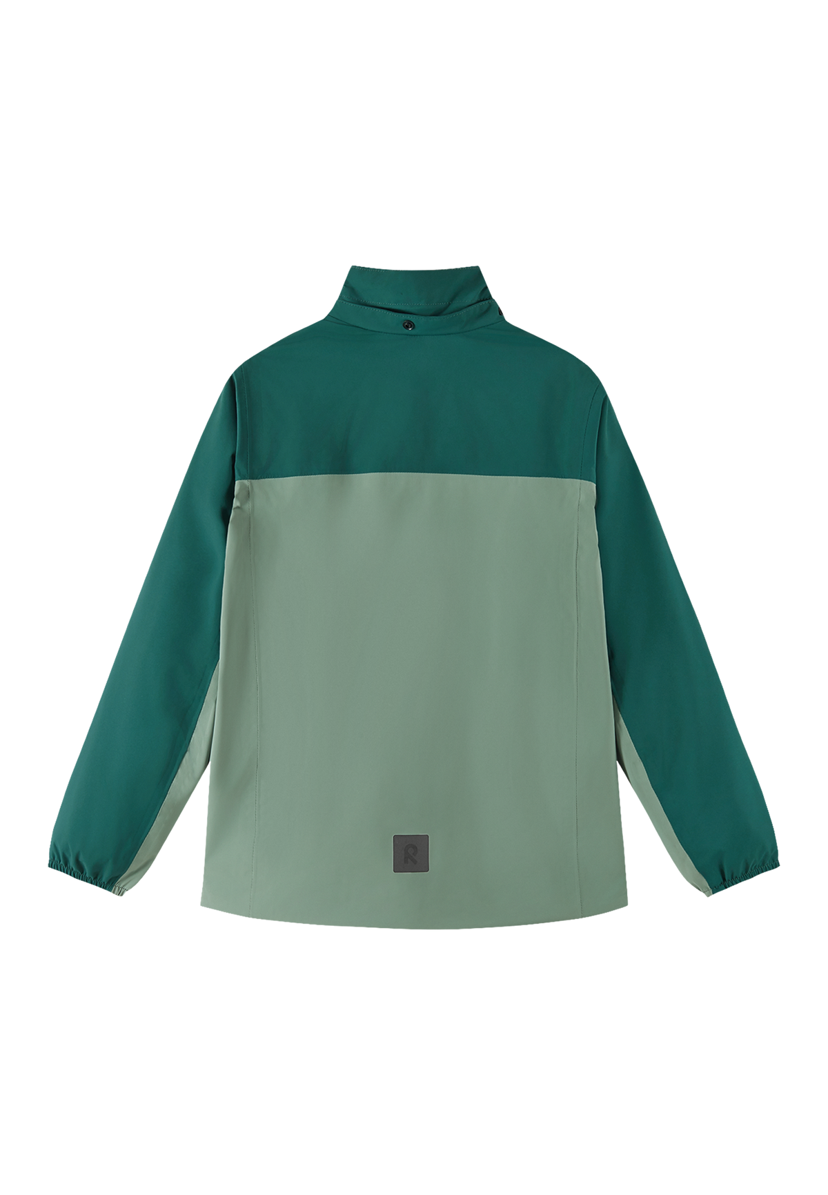 Rückansicht der ReimaTec Regenjacke Salmi in Stone Green für Kinder