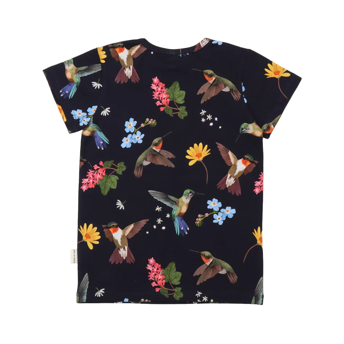Rückansicht eines schwarzen Kinder-T-Shirts mit Kolibri- und Blumenmuster aus Bio-Baumwolle