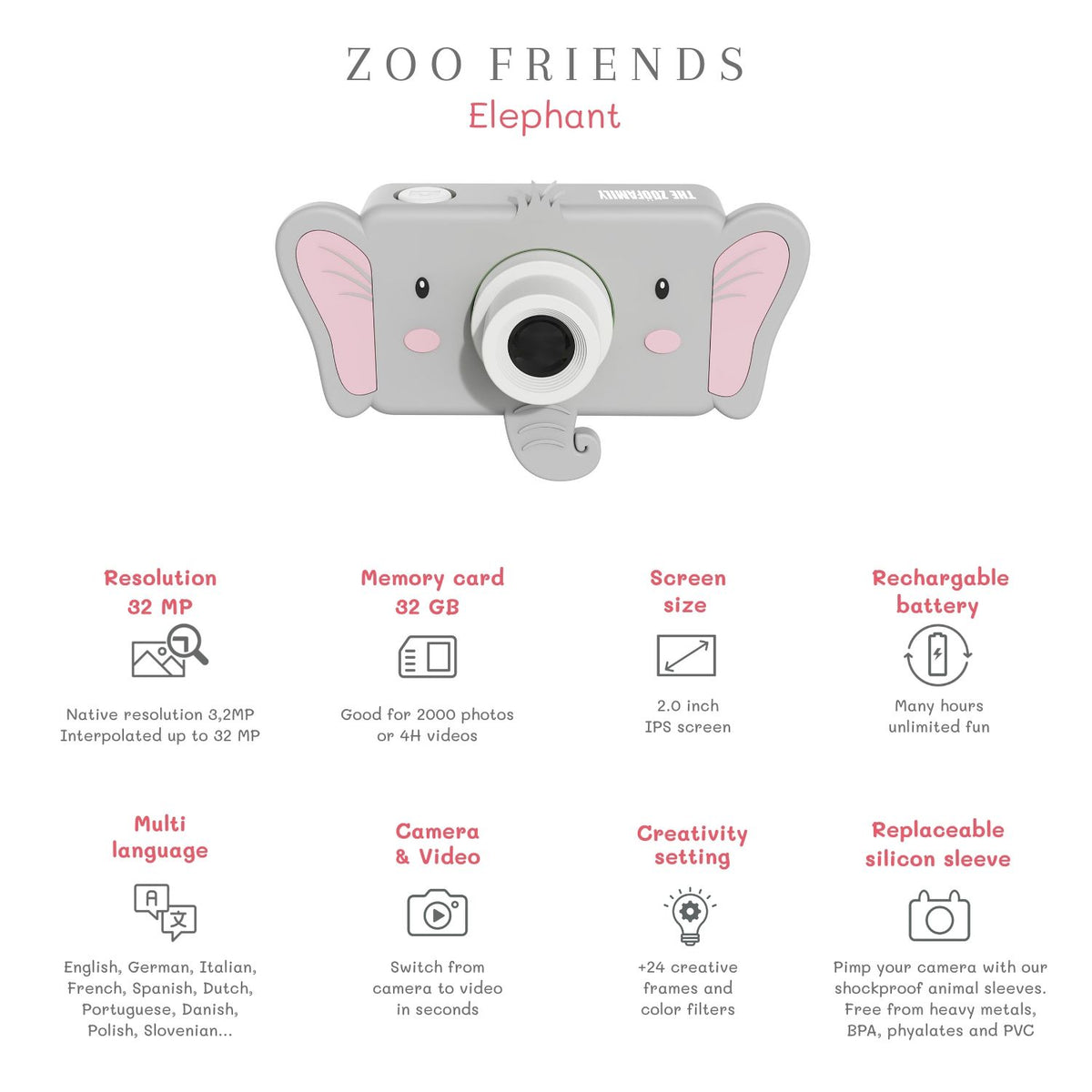 The Zoofamily Kinderkamera Zoo friends Elefant bei Bärechind, Kinderkamera mit niedlichem Elefanten-Design.