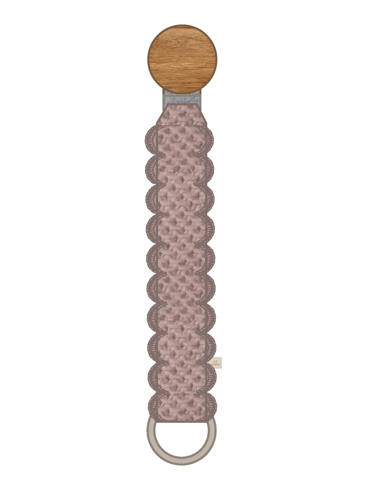 ehäkelte Schnullerkette in beige mit Holzclip, erhältlich bei Bärechind in Winterthur, Zürich, Schweiz