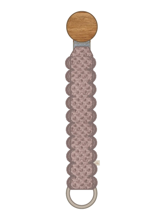 ehäkelte Schnullerkette in beige mit Holzclip, erhältlich bei Bärechind in Winterthur, Zürich, Schweiz