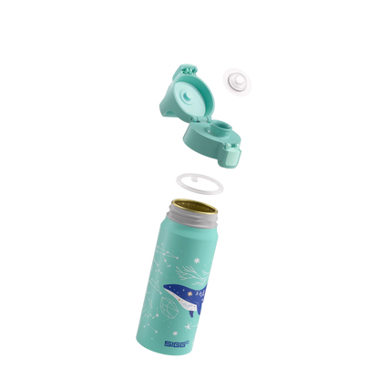 Detailansicht der Sigg Aluminium Trinkflasche mit Wal Motiv und geöffnetem Verschluss im Bärechind Winterthur Zürich Schweiz