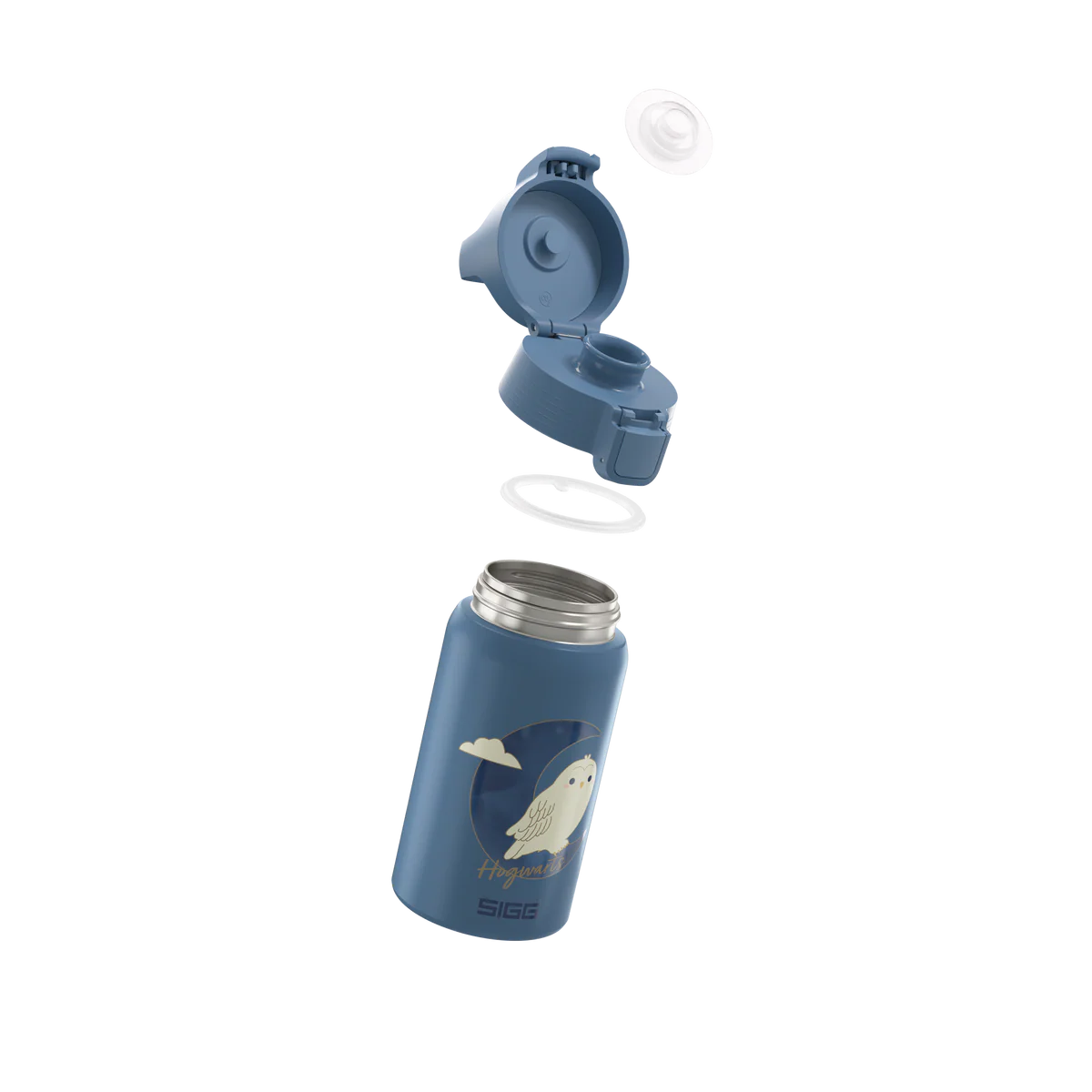 Detailansicht der Sigg Edelstahl Trinkflasche mit Nachteulen Motiv und geöffnetem Verschluss im Bärechind Winterthur Zürich Schweiz