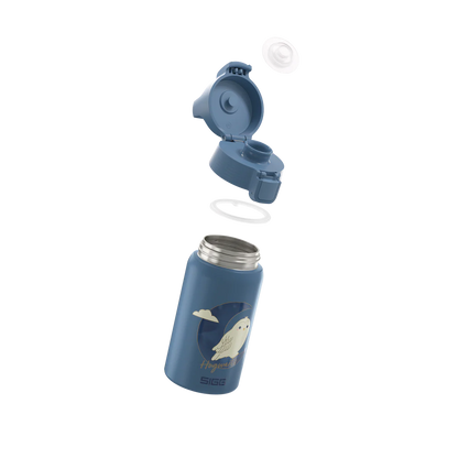 Detailansicht der Sigg Edelstahl Trinkflasche mit Nachteulen Motiv und geöffnetem Verschluss im Bärechind Winterthur Zürich Schweiz