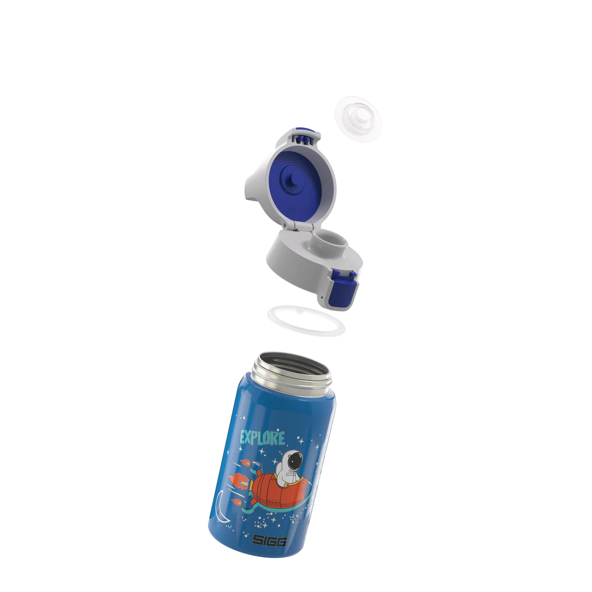 Detailansicht der Sigg Edelstahl Trinkflasche mit Astronaut Motiv und geöffnetem Verschluss im Bärechind Winterthur Zürich Schweiz