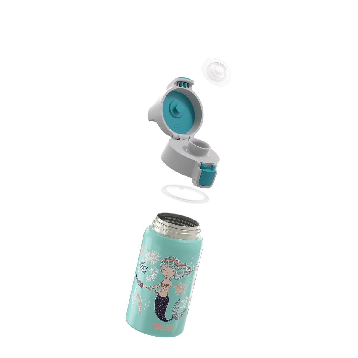 Detailansicht der Sigg Edelstahl Trinkflasche mit Meerjungfrau Motiv und geöffnetem Verschluss im Bärechind Winterthur Zürich Schweiz