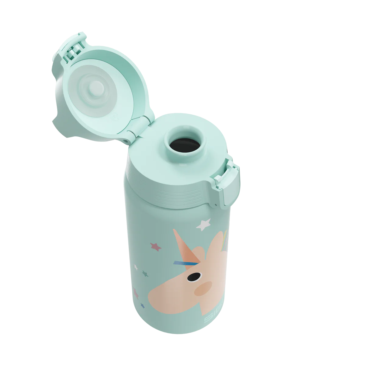 Geöffnete Sigg Kinder Trinkflasche mit ONE Verschluss und Einhorn Motiv im Bärechind Winterthur Zürich Schweiz