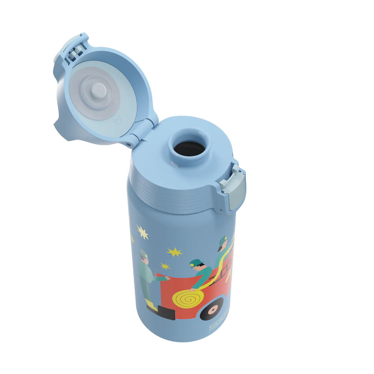 Geöffnete Sigg Kinder Trinkflasche mit ONE Verschluss und Feuerwehr Motiv im Bärechind Winterthur Zürich Schweiz