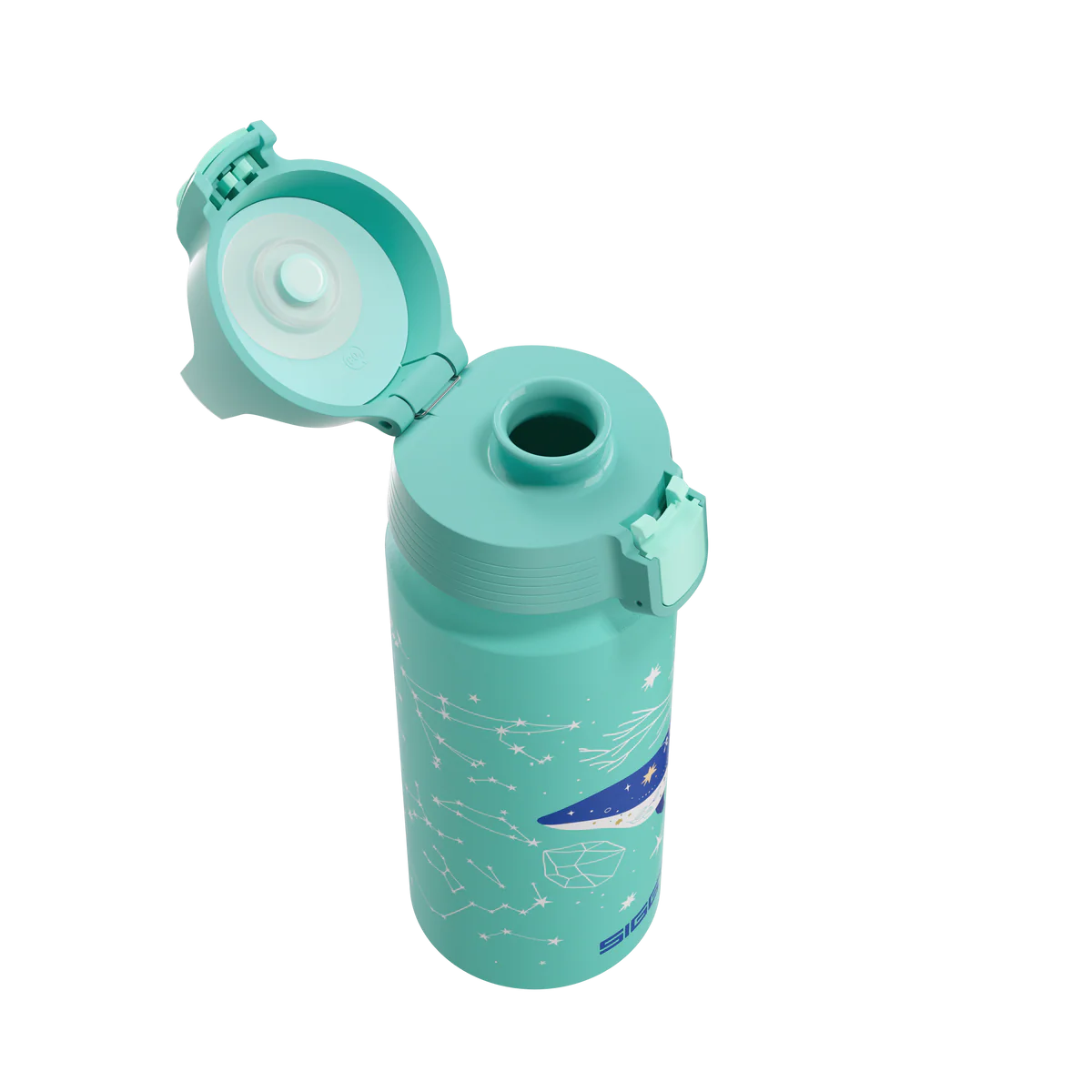 Geöffnete Sigg Kinder Trinkflasche mit ONE Verschluss und Wal Motiv im Bärechind Winterthur Zürich Schweiz