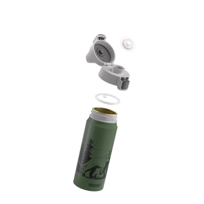 Detailansicht der SIGG Aluminium Trinkflasche 0.6L mit Berglöwe Motiv. Im Bärechind Winterthur