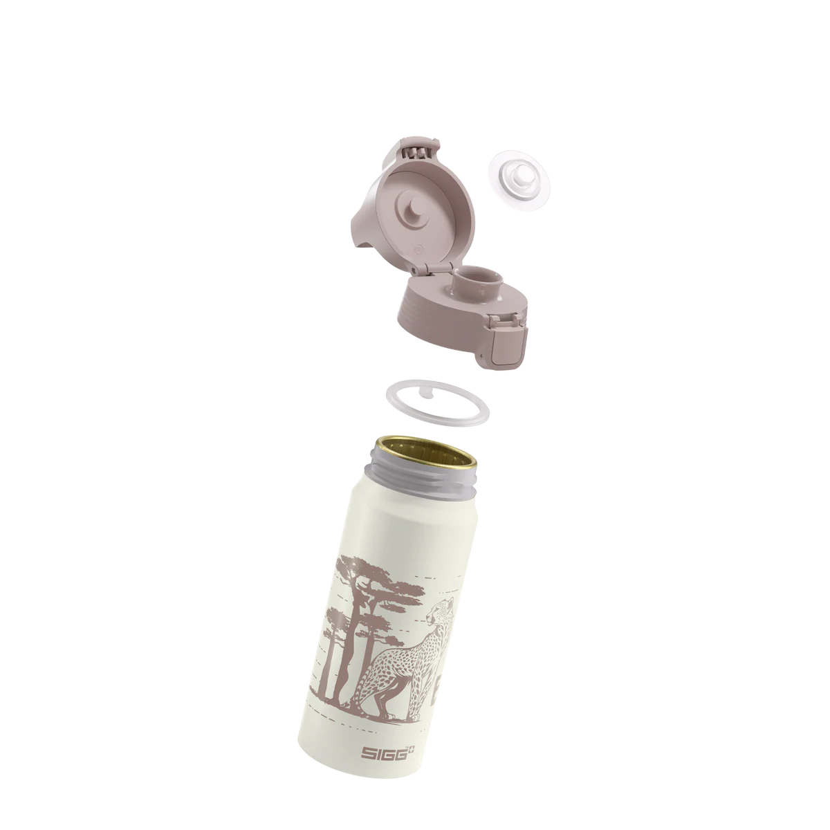 Detailansicht des ONE-Verschlusses der SIGG Aluminium Trinkflasche mit Safari Motiv. Erhältlich im Bärechind Winterthur, Zürich, Schweiz.
