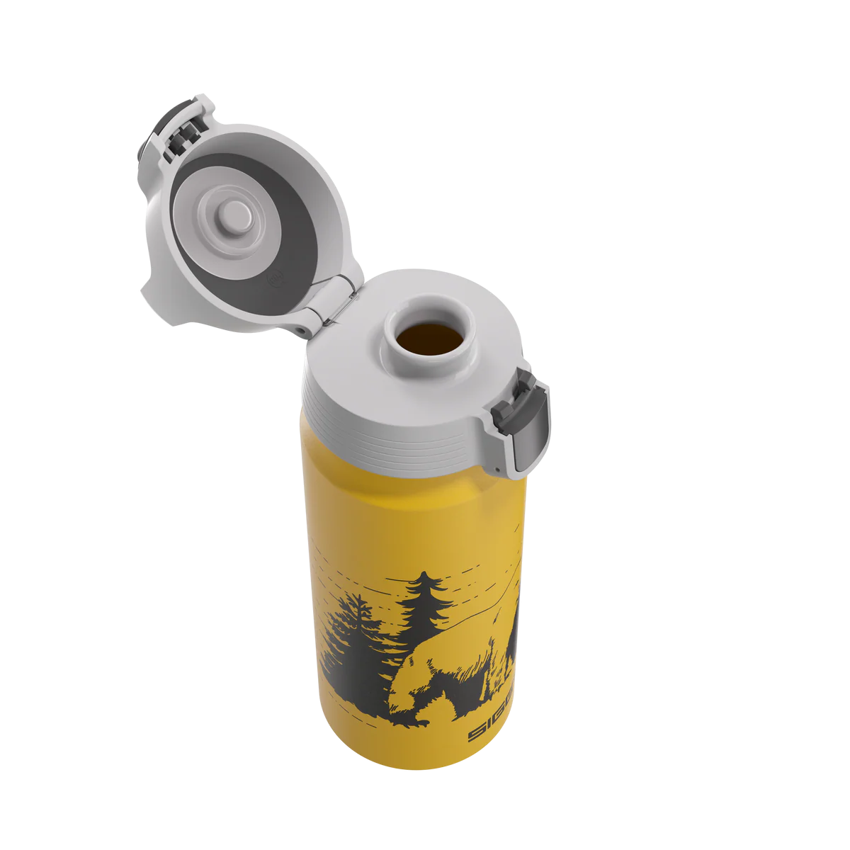 SIGG WMB ONE Trinkflasche mit geöffnetem Verschluss und Bärenmotiv. Erhältlich im Bärechind Winterthur, Zürich, Schweiz.