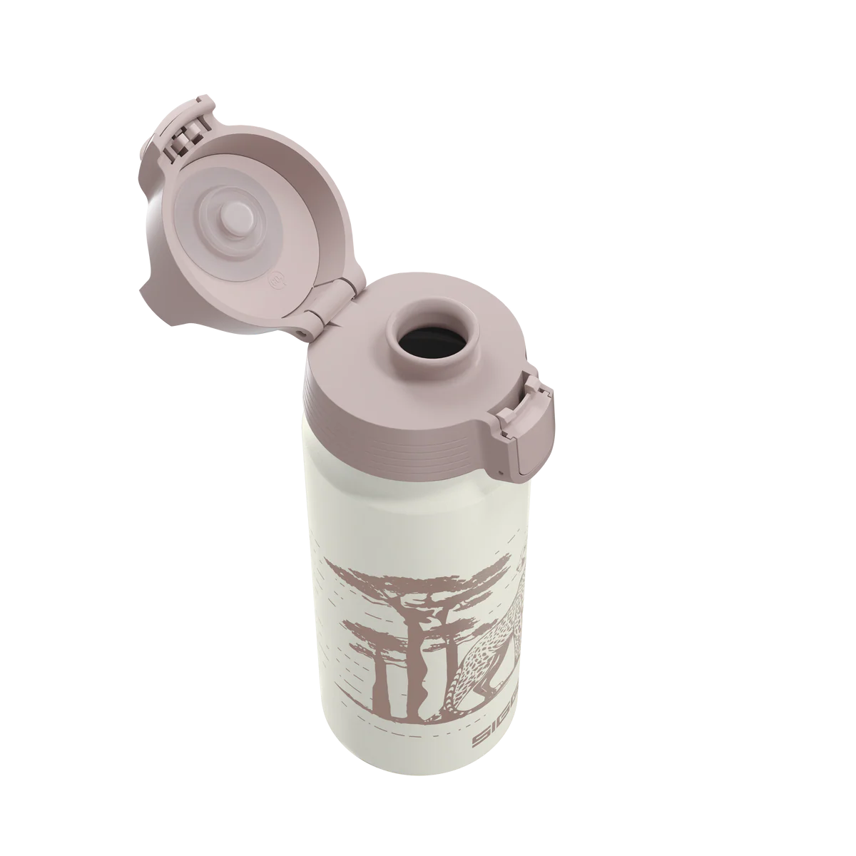 SIGG WMB ONE Trinkflasche mit geöffnetem Verschluss und Safari Motiv. Erhältlich im Bärechind Winterthur, Zürich, Schweiz.