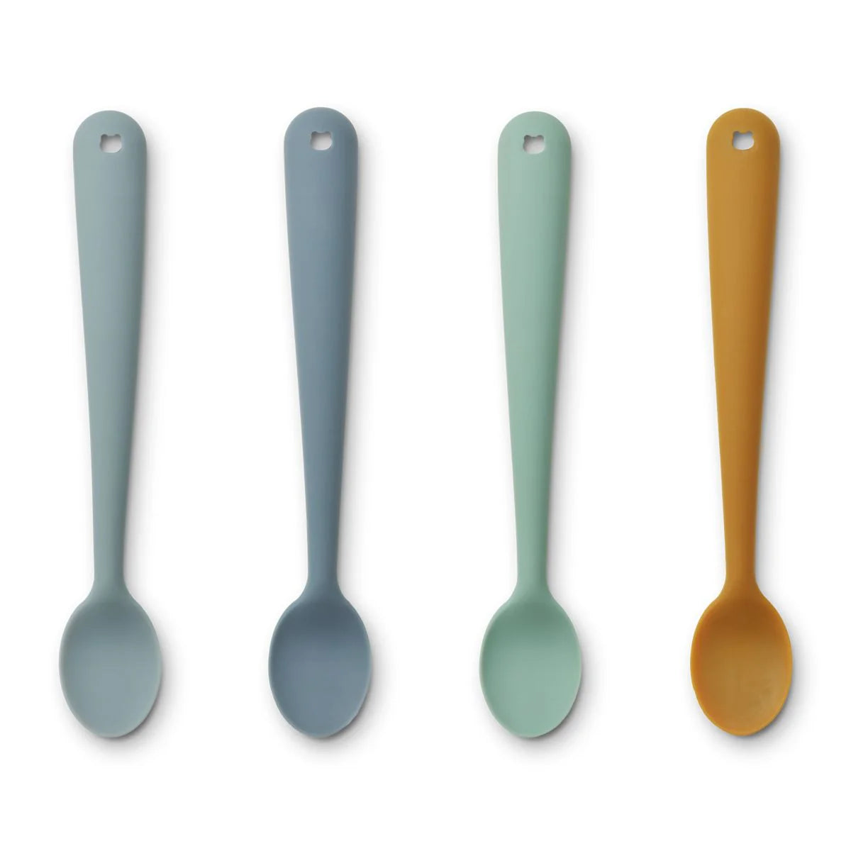 Das Liewood SIV Silikon-Löffel 4er Set in Blue Multi Mix zeigt vier weiche Babylöffel für die Beikostzeit, erhältlich im Bärechind in Winterthur, Zürich und der Schweiz.
