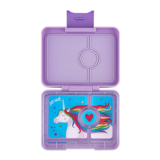 Snackbox für Kinder mit Einhorn-Motiv in Lila – kompakte Znünibox für unterwegs