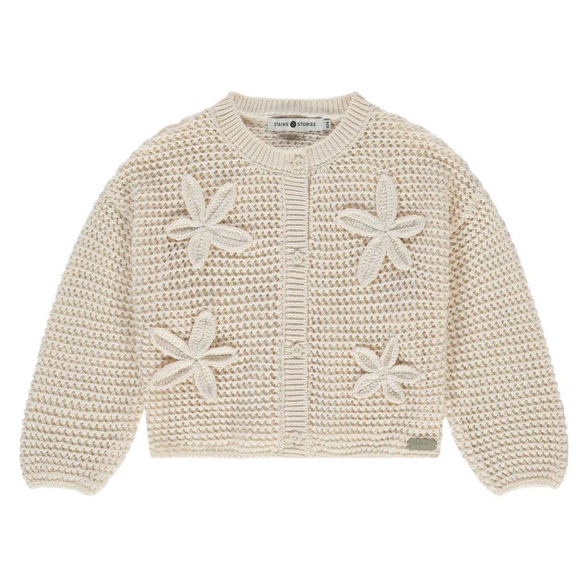 Strickcardigan von Stains & Stories in Ivory mit Blumenapplikationen für Kinder im Bärechind