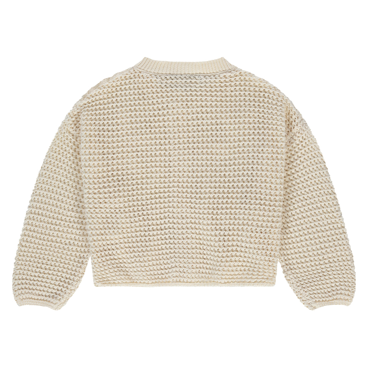 Rückansicht des Strickcardigans von Stains & Stories in Ivory mit weichem Strick im Bärechind