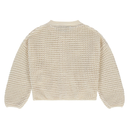 Rückansicht des Strickcardigans von Stains & Stories in Ivory mit weichem Strick im Bärechind