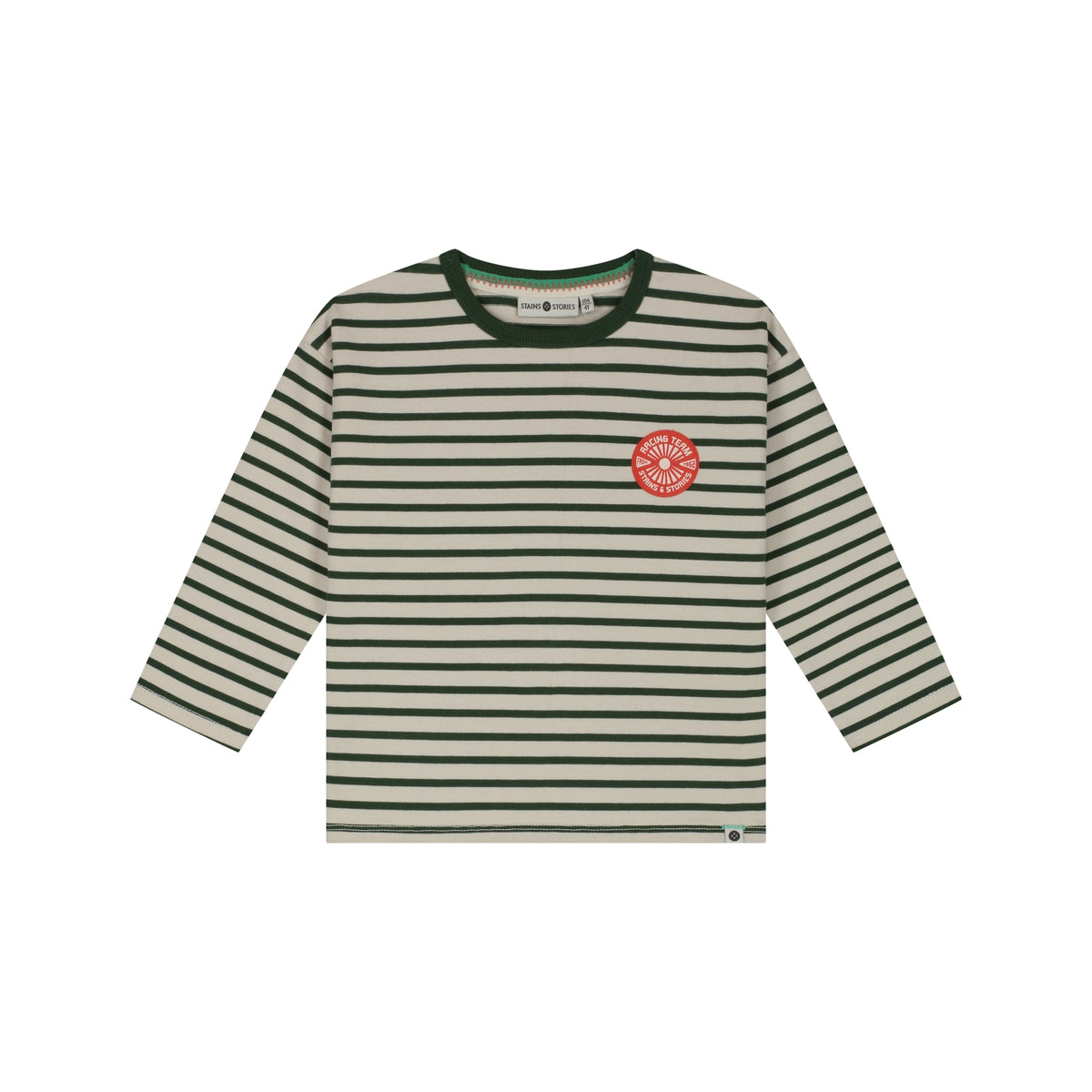Stains & Stories Langarmshirt Racing Forest gestreift mit Racing Patch für Kinder im Bärechind Winterthur Schweiz