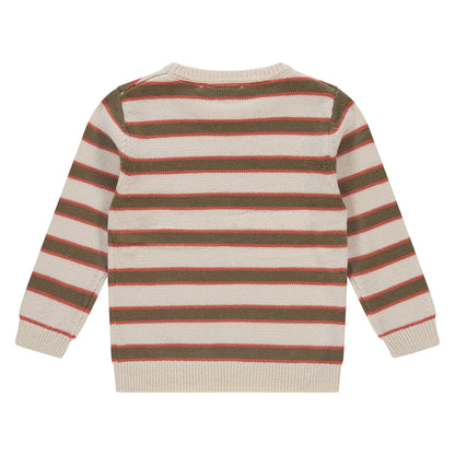Rückansicht des gestreiften Jungenpullovers "Off White" von Stains & Stories mit Rundhalsausschnitt und Rippbündchen.