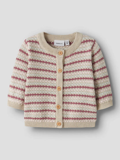 Baby Strickcardigan aus Baumwolle mit rosa Streifen, erhältlich bei Bärechind Winterthur Zürich Schweiz.