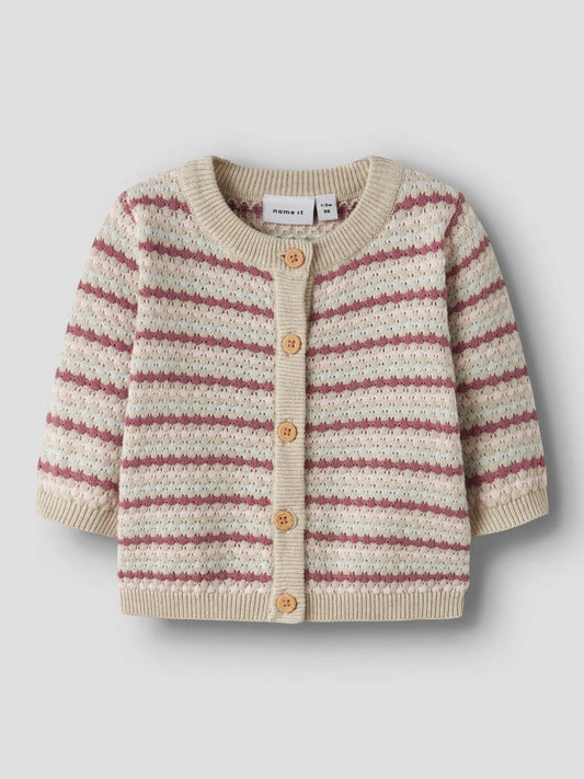 Baby Strickcardigan aus Baumwolle mit rosa Streifen, erhältlich bei Bärechind Winterthur Zürich Schweiz.