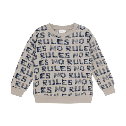 Beige MINYMO Sweatshirt mit blauem NO RULES Print – Vorderseite, erhältlich bei Bärechind in Winterthur, Zürich, Schweiz.