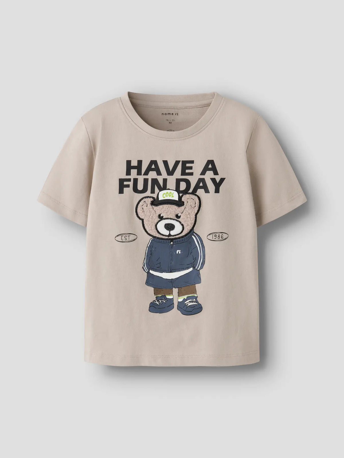 Kinder T-Shirt in Chateau Gray mit Teddy-Print von name it im Bärechind Winterthur Zürich Schweiz
