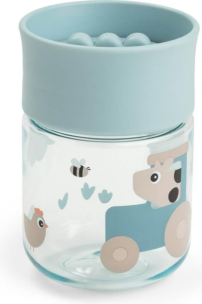 Done by Deer Trinklernbecher 360° in Tiny Farm Blau mit Bauernhof Print, auslaufsicherer Trinklernbecher für Kinder