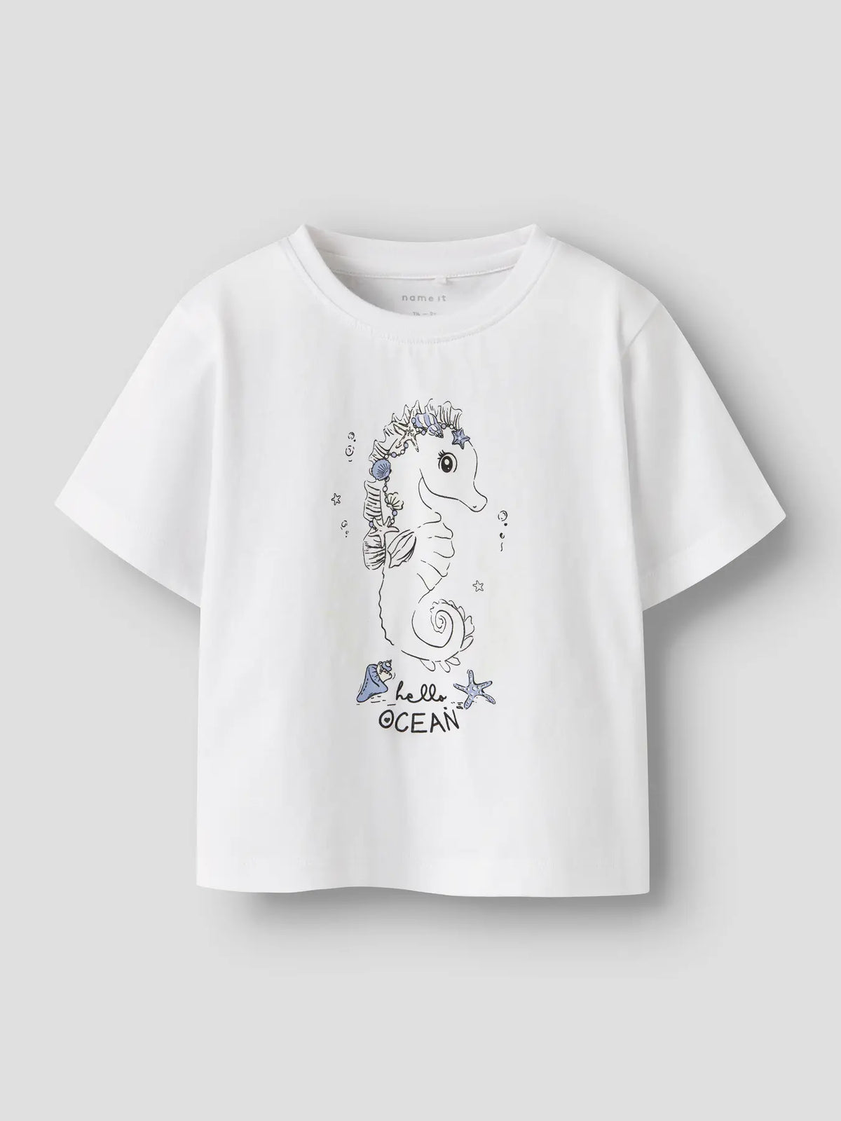 Weisses Kinder T-Shirt aus Baumwolle mit Seepferdchen Print, erhältlich bei Bärechind Winterthur Zürich Schweiz.