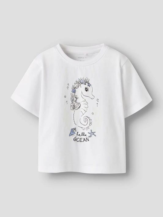 Weisses Kinder T-Shirt aus Baumwolle mit Seepferdchen Print, erhältlich bei Bärechind Winterthur Zürich Schweiz.
